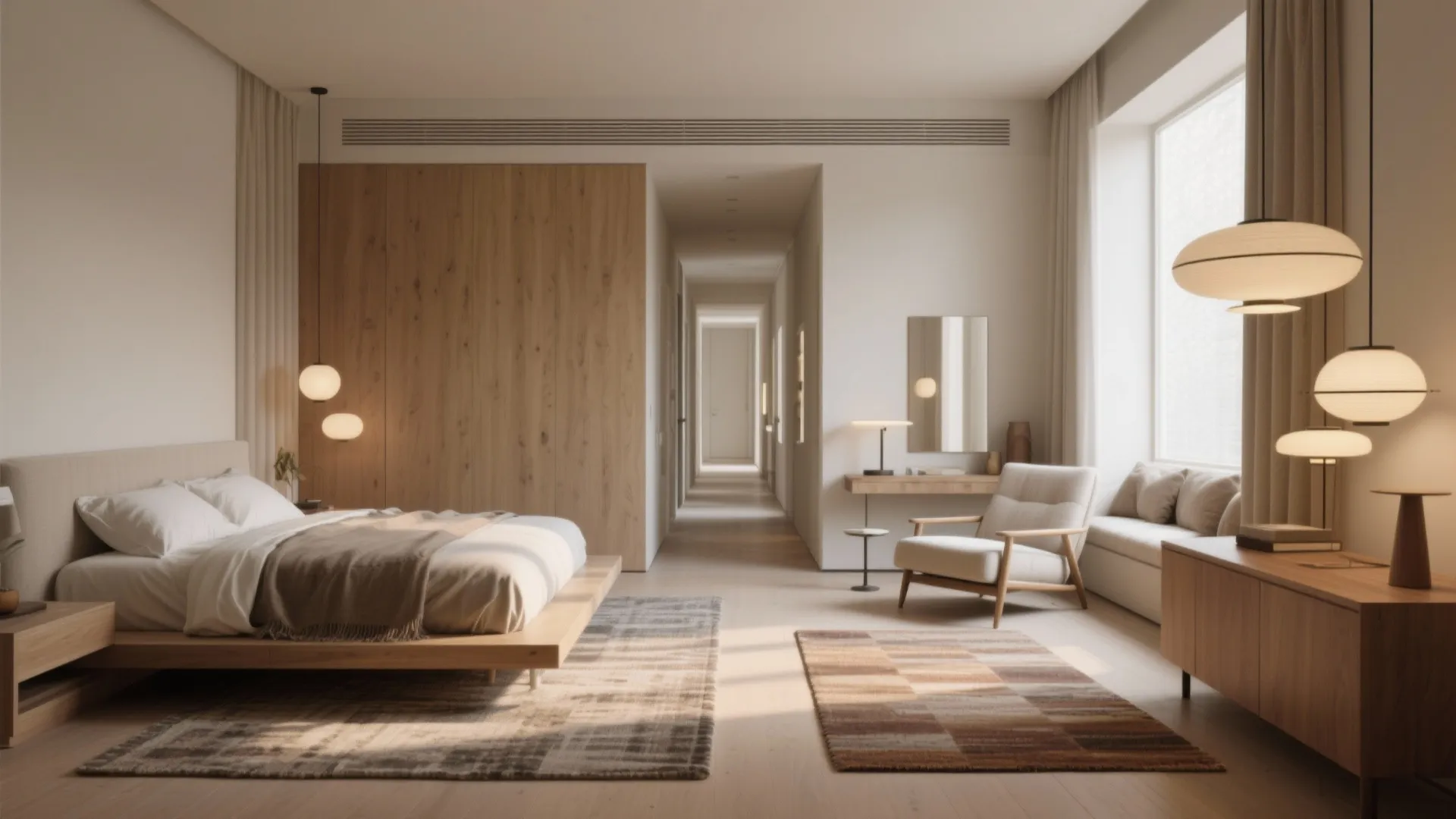 Modern minimal bedroom interior design with wooden wall panel bed armchair large window and hanging lights