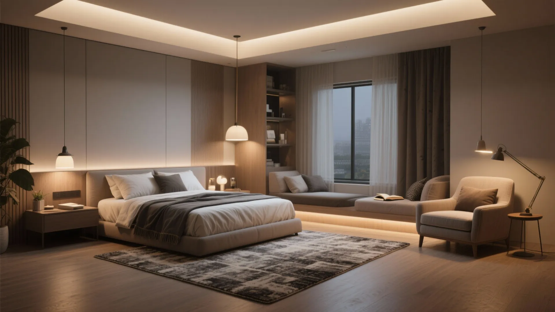 Square bedroom with rugs and layered lighting defining sleeping and seating zones