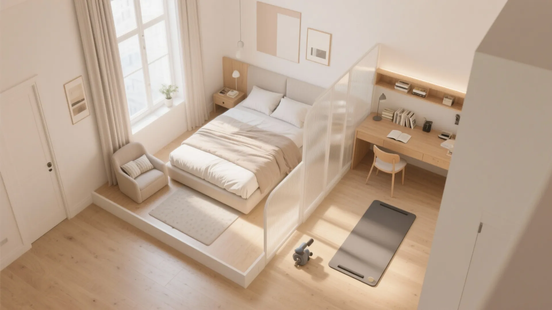 Modern bedroom with a glass partition separating the bed from a wooden desk and workspace