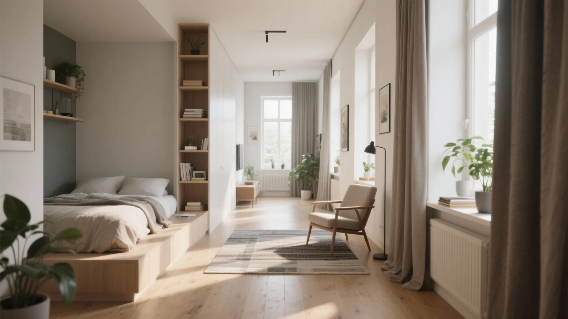 1. Open-Living Studio with Zoned Bedroom Nook