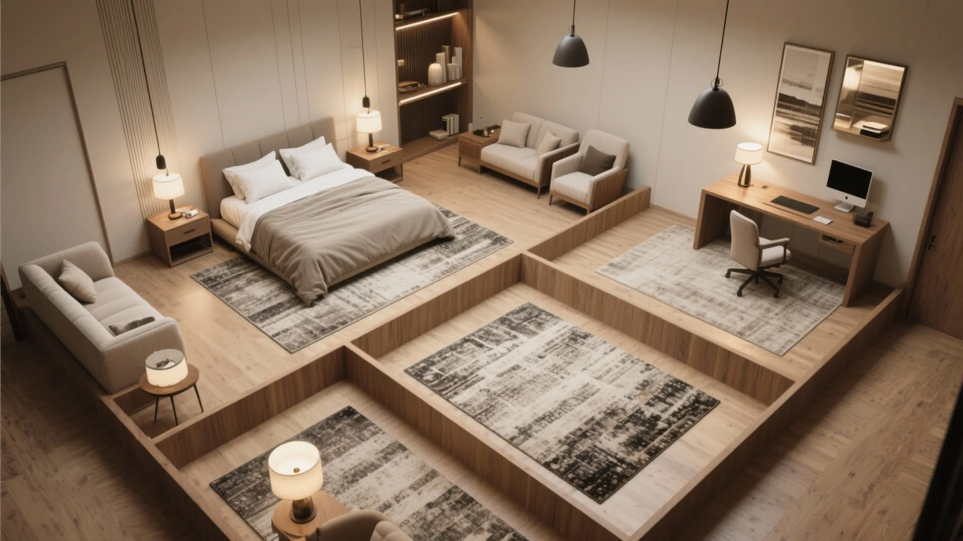 1. Create distinct zones with rugs and lighting