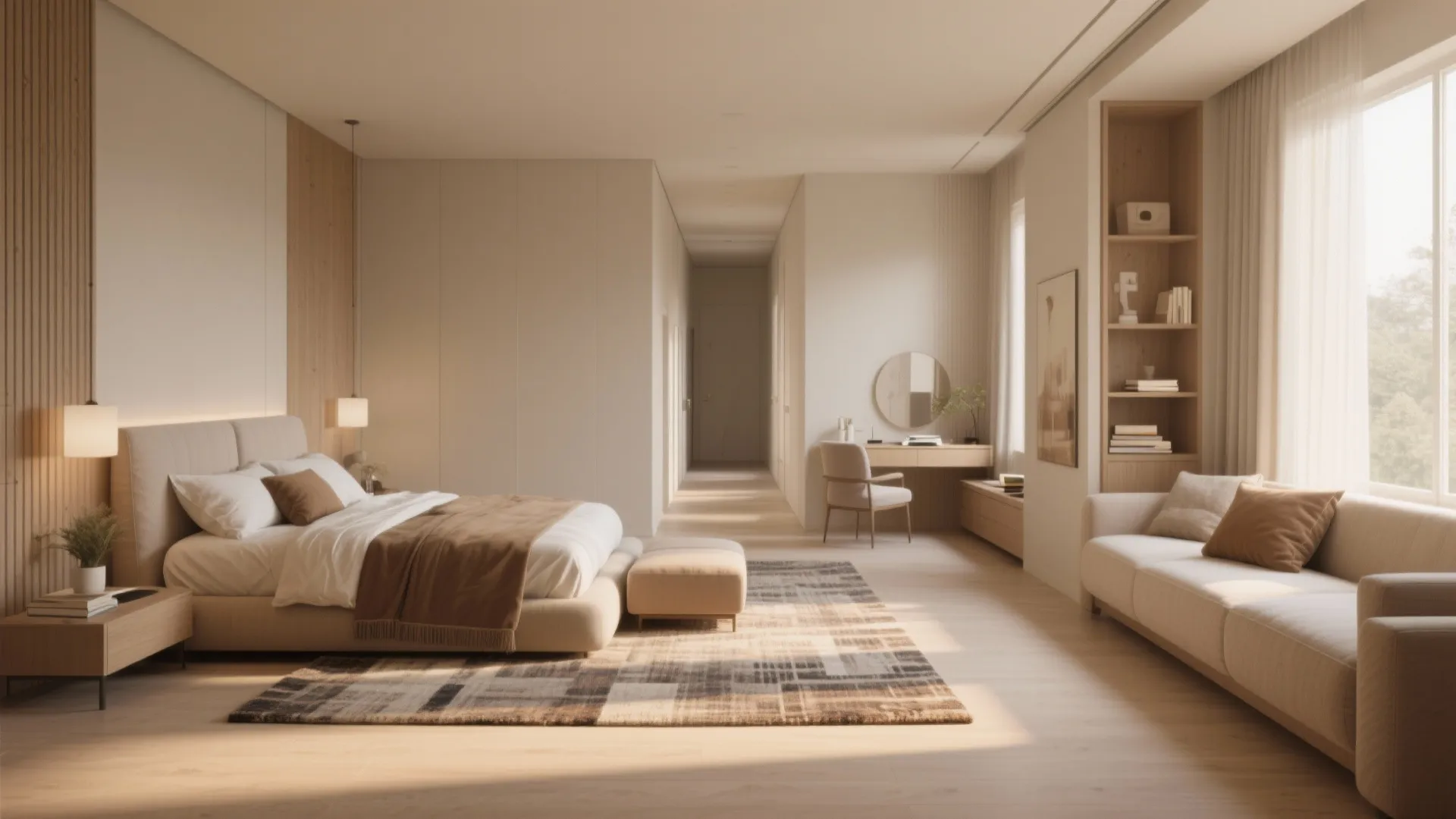 Spacious bedroom featuring a soft bed patterned rug white sofa desk and large bright windows