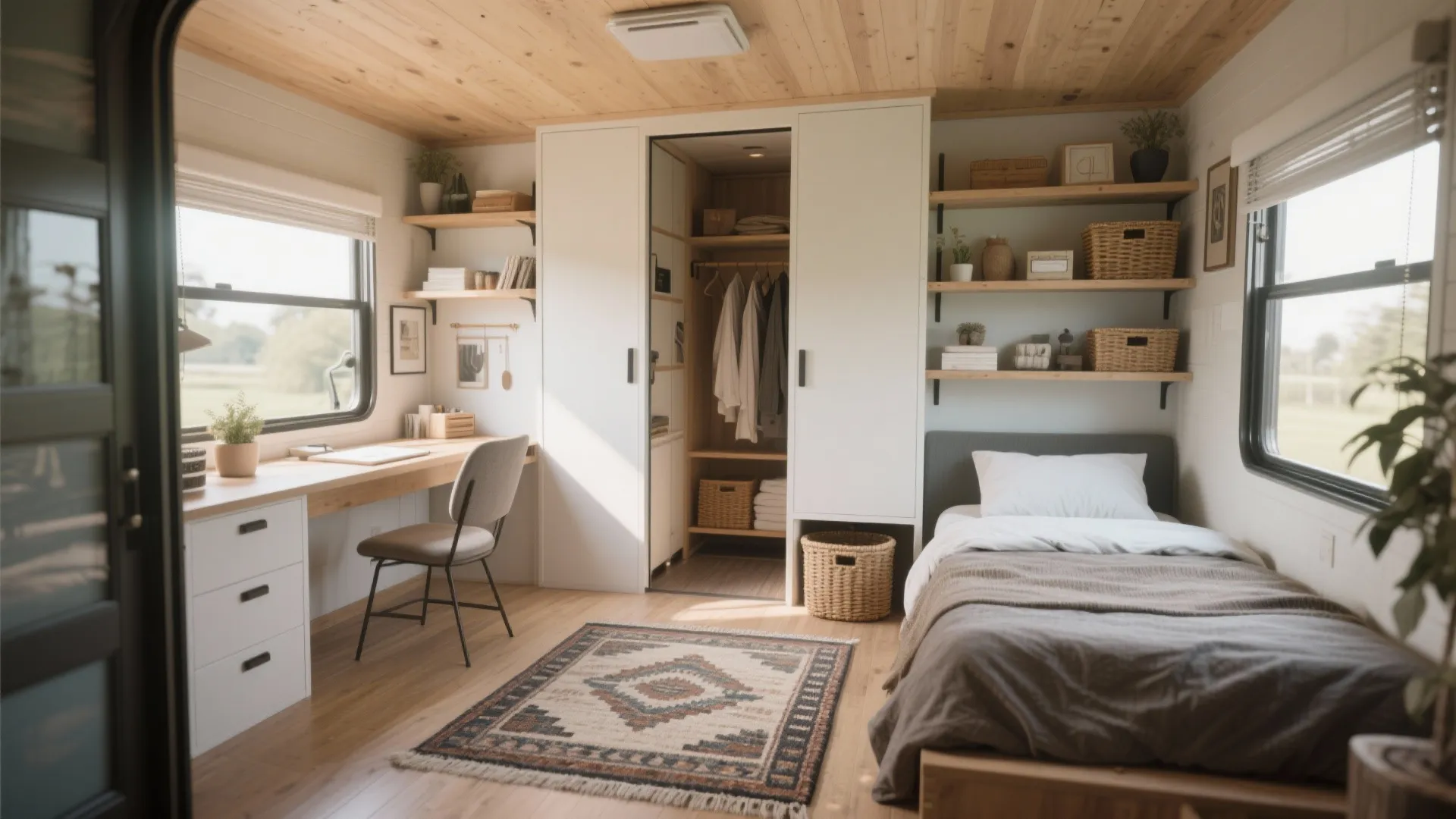 Compact bedroom with white wardrobe wood desk grey chair small bed patterned rug and shelving