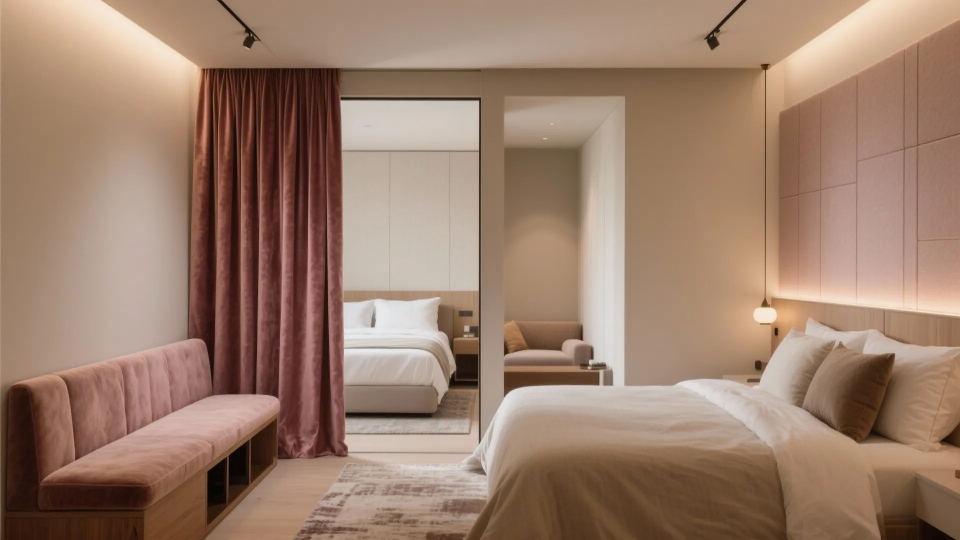 Spacious bedroom layout showing a pink sofa pink curtains and a view of another bed