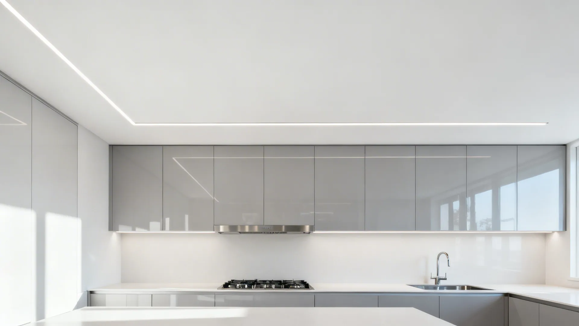 Minimalist kitchen ceiling with shallow recessed channel and linear LEDs for zoned lighting.