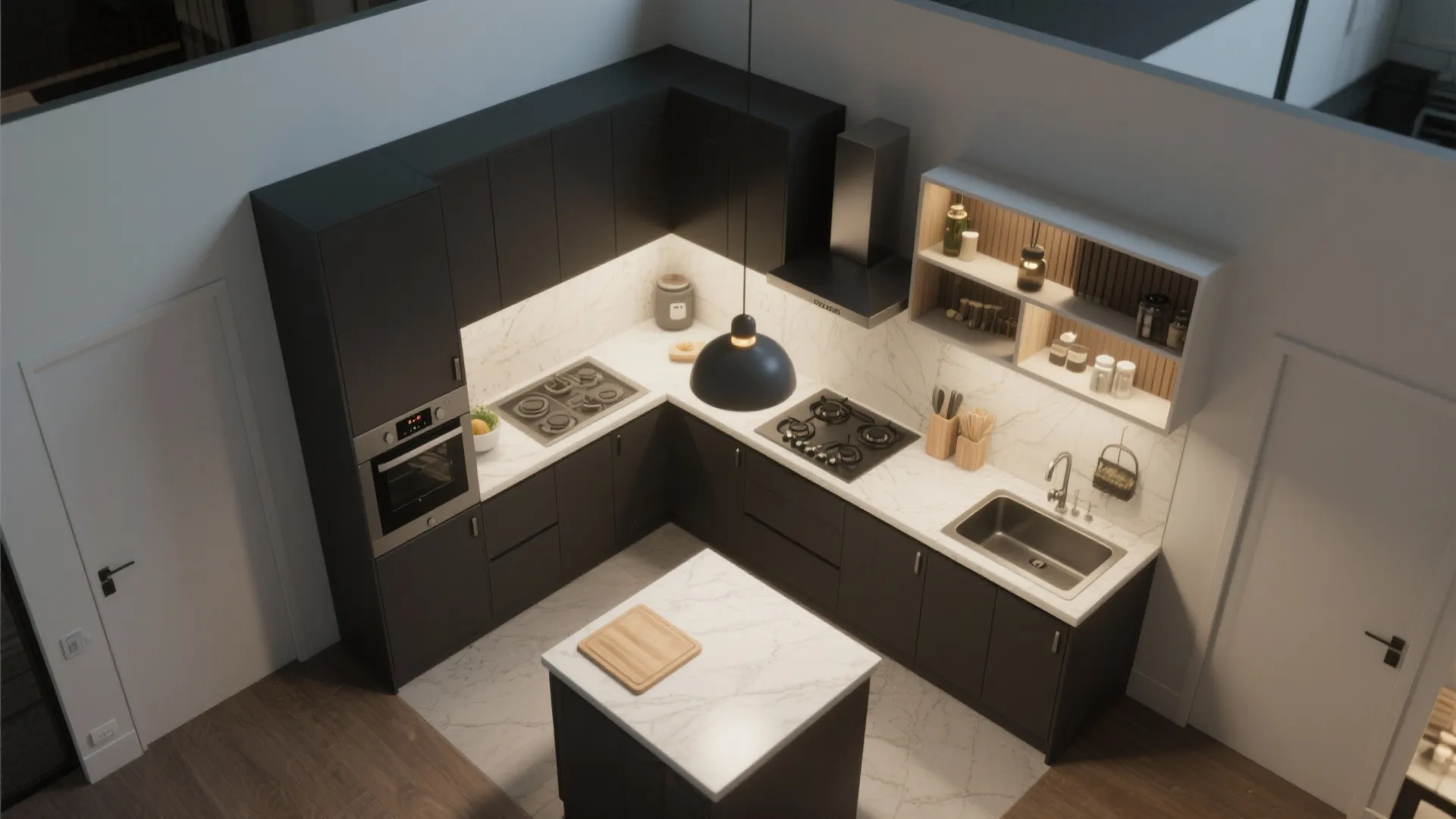 5. Small kitchen zoning with charcoal base cabinets