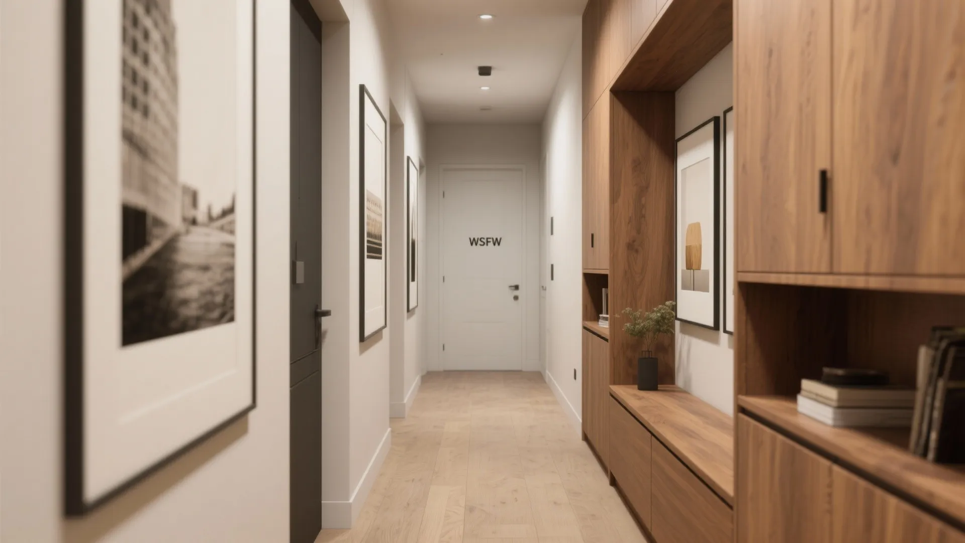 Short corridor transformed into storage and gallery wall to minimize wasted hallway space