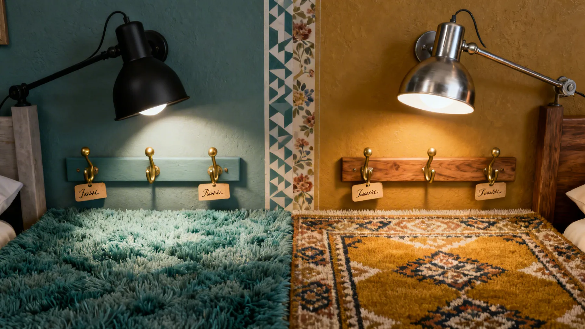 Close-up of two personalized zones with contrasting rugs, lamps, and wall accents.