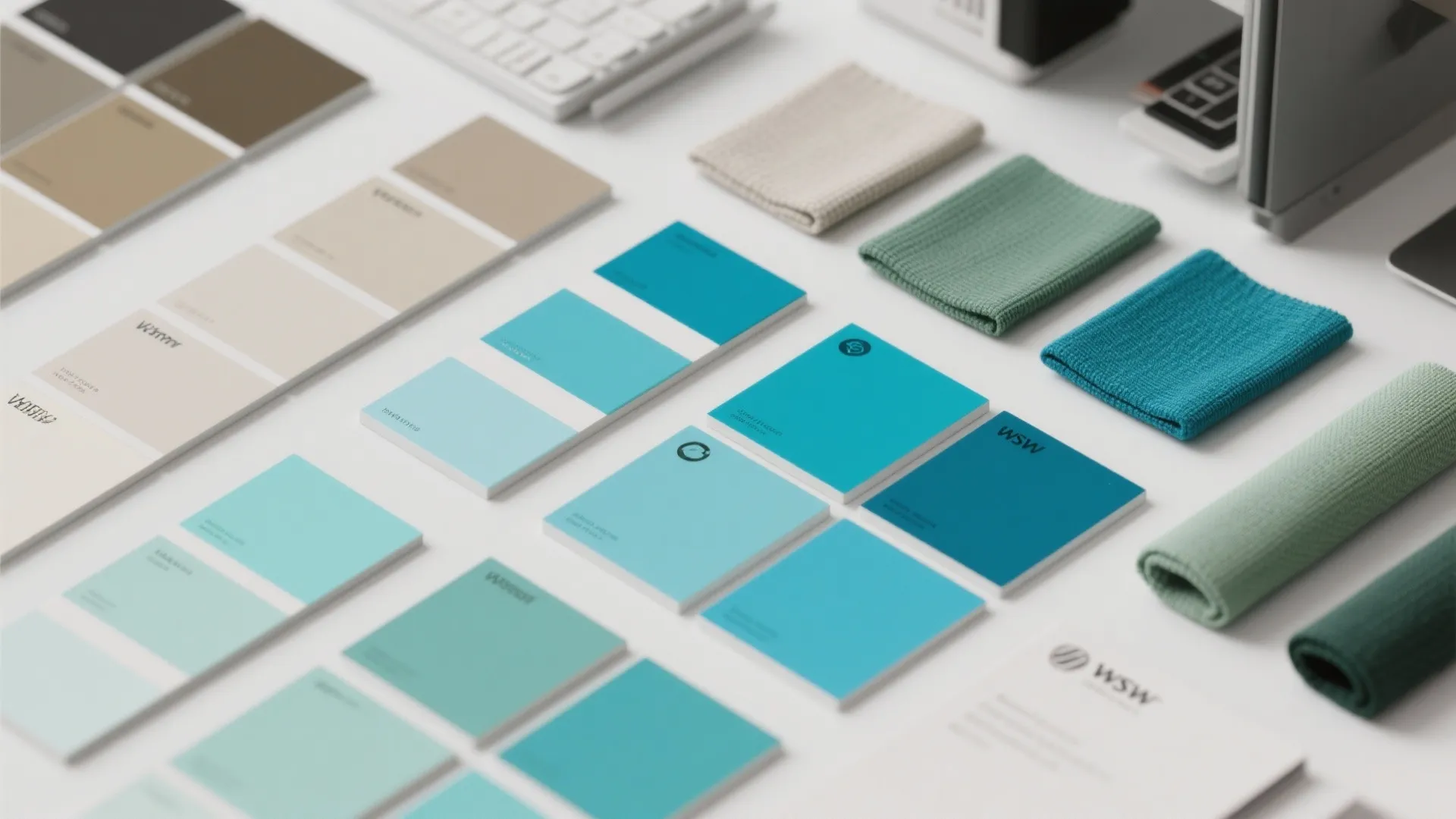 Office color scheme flatlay with neutrals and blue-green accents