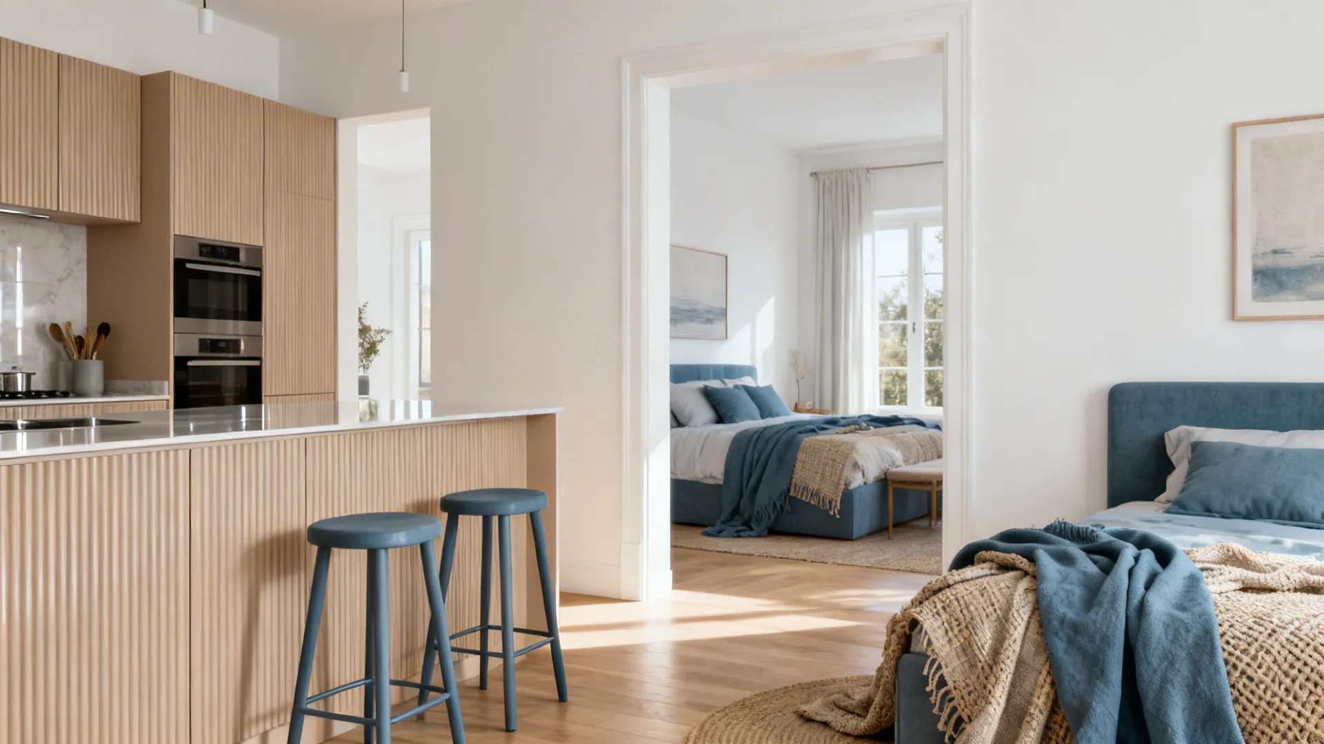 Small apartment with warm white walls, beige cabinets, and repeating dusty blue accents.