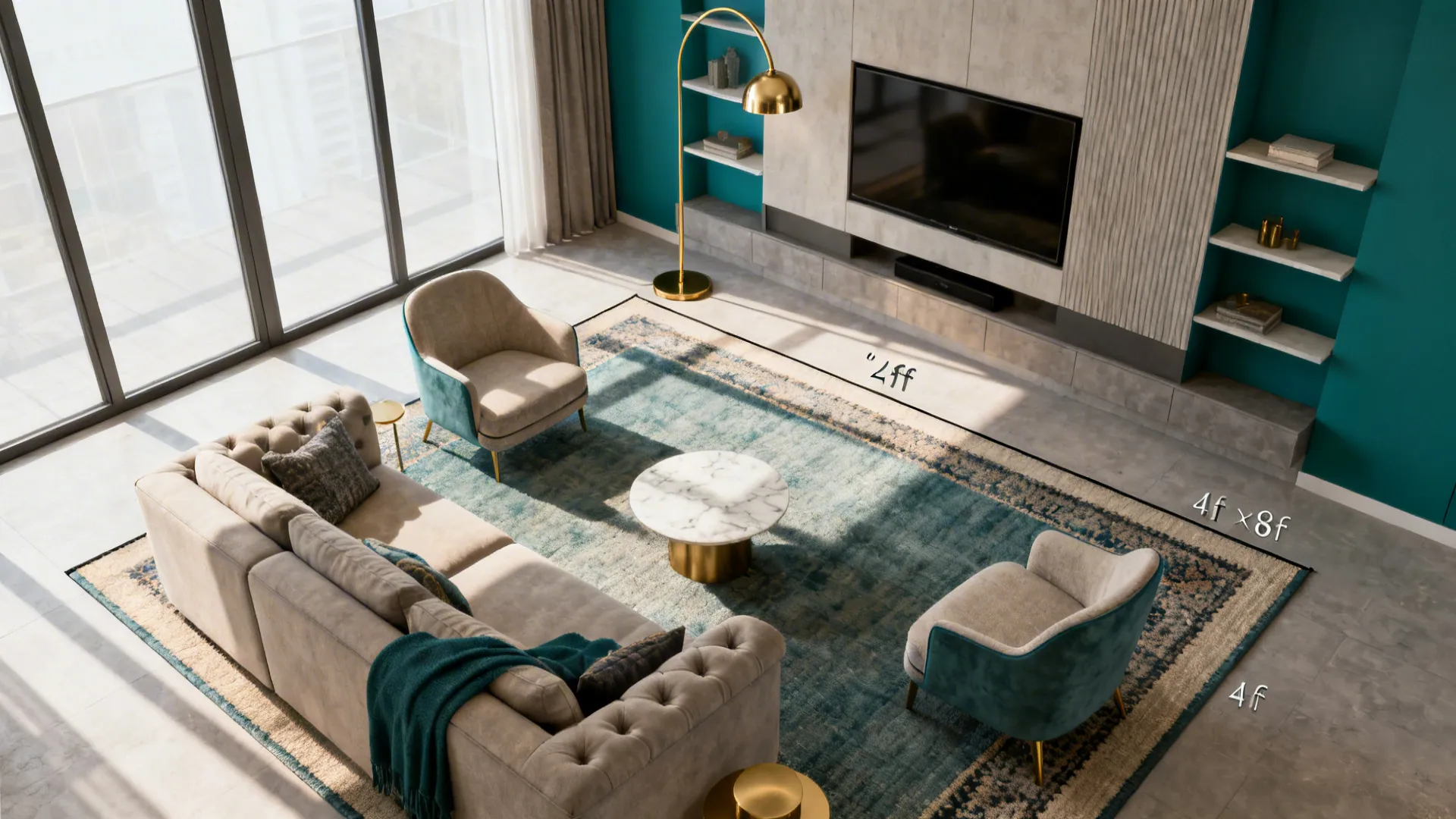 Top-down view showing a lounge area and a separate conversation corner with two chairs and a lamp.