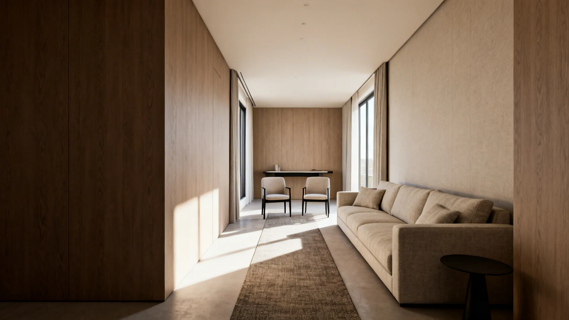 Long sofa with slim armchairs opposite and a narrow console behind in a narrow living room.