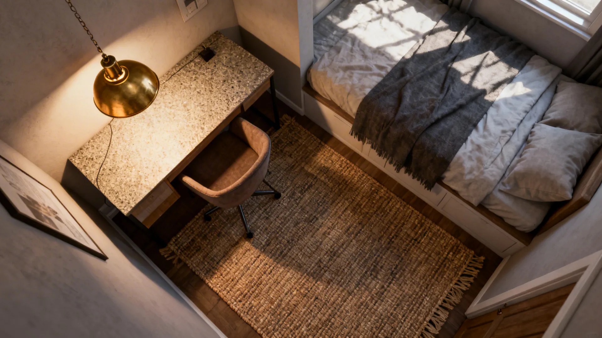 Small office corner defined by a rug and pendant task light for a distinct workspace