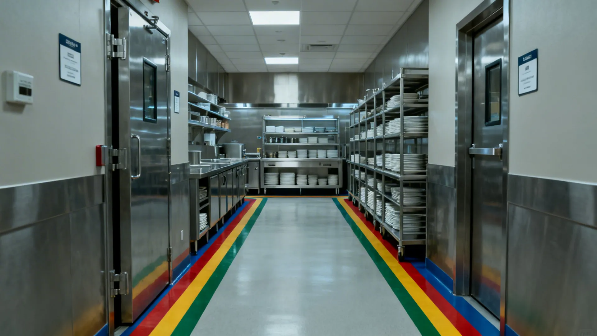 Commercial kitchen hallway with stainless steel doors metal shelves white plates and colorful floor stripes