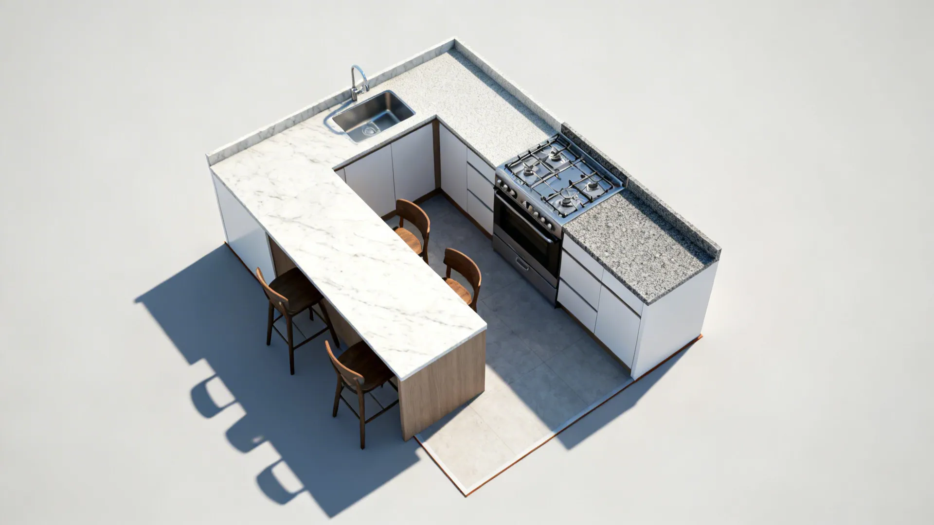 Top-down L-shaped kitchen showing marble zones and durable surfaces near stove and sink