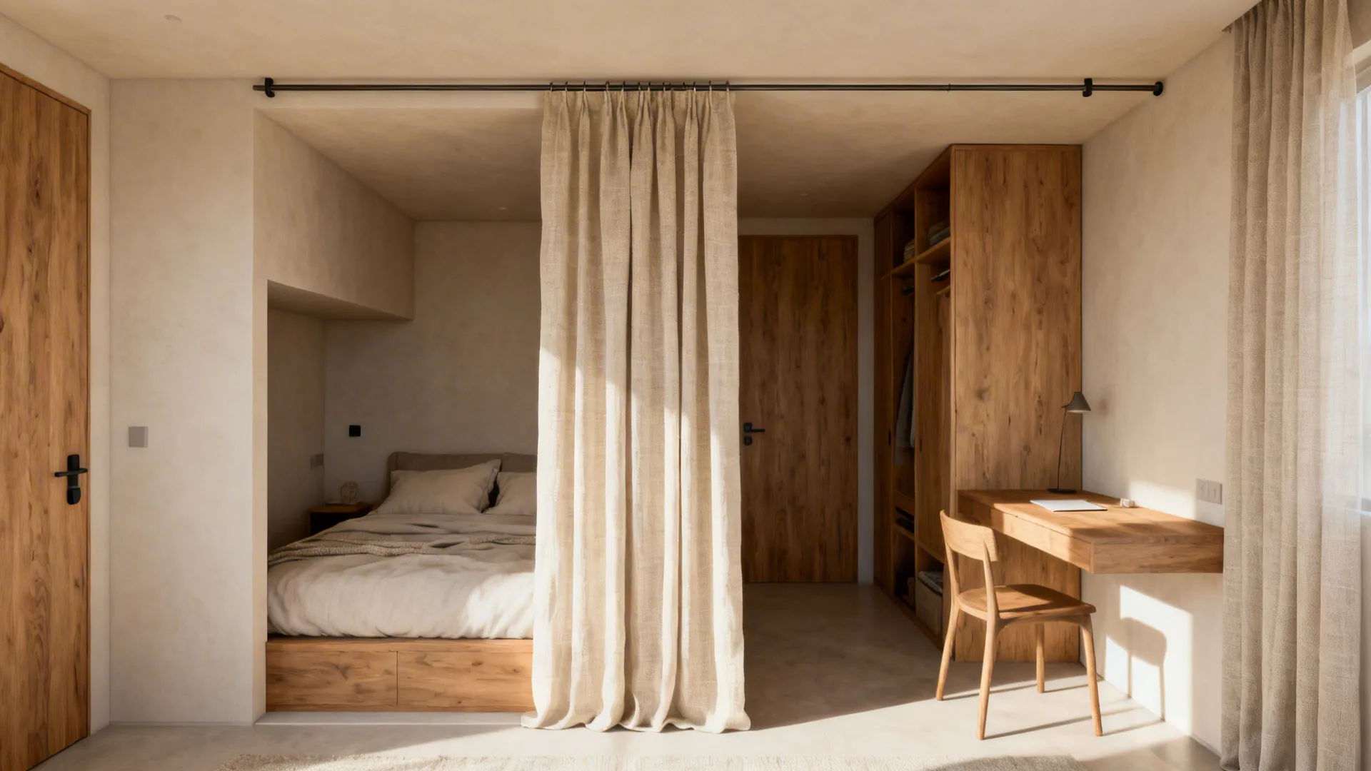 Tiny bedroom with a linen curtain separating a sleeping alcove from wardrobe area