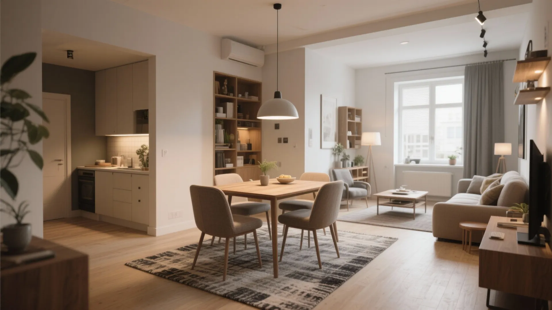 Defined dining zone with rug and pendant light adjacent to living area in a compact apartment
