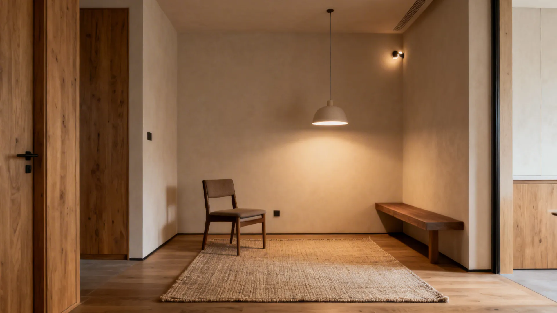 Small living room dining corner zoned with a flatweave rug, pendant, and wall bench.