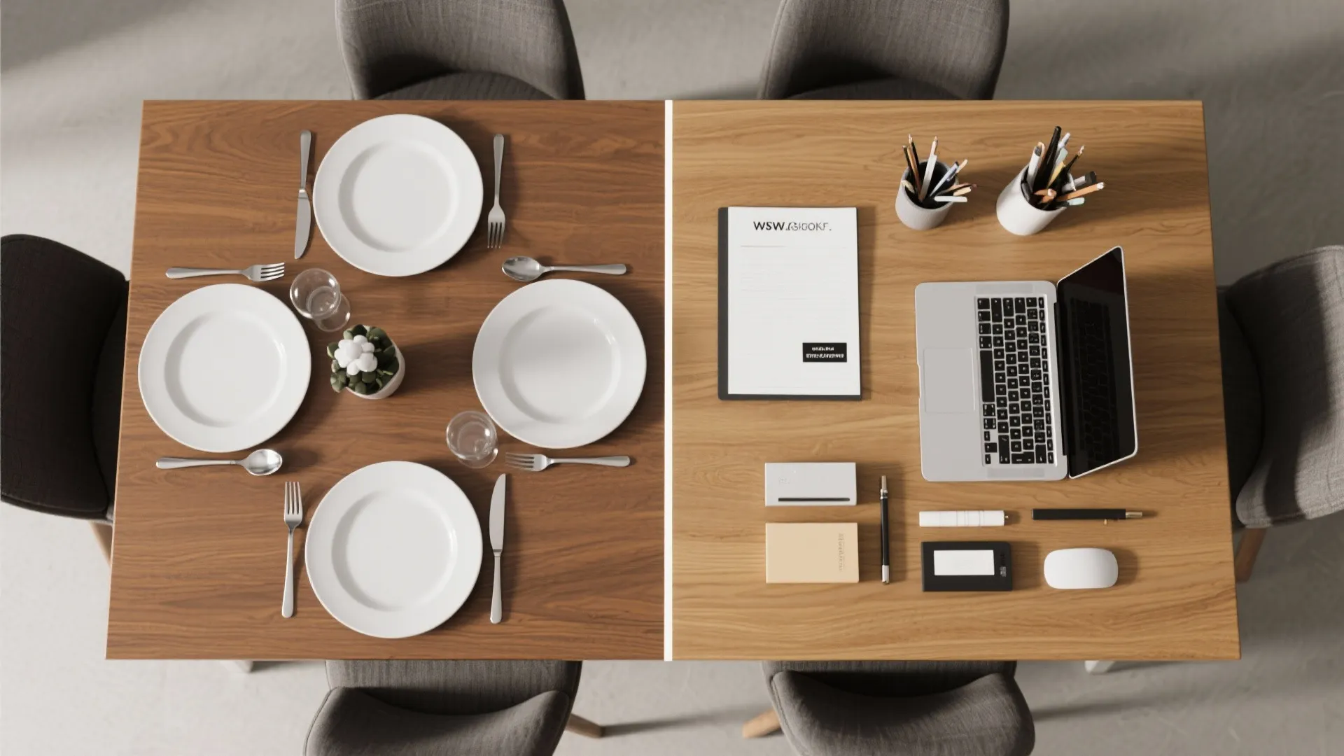 Top view of a dining table with separate work and dining areas