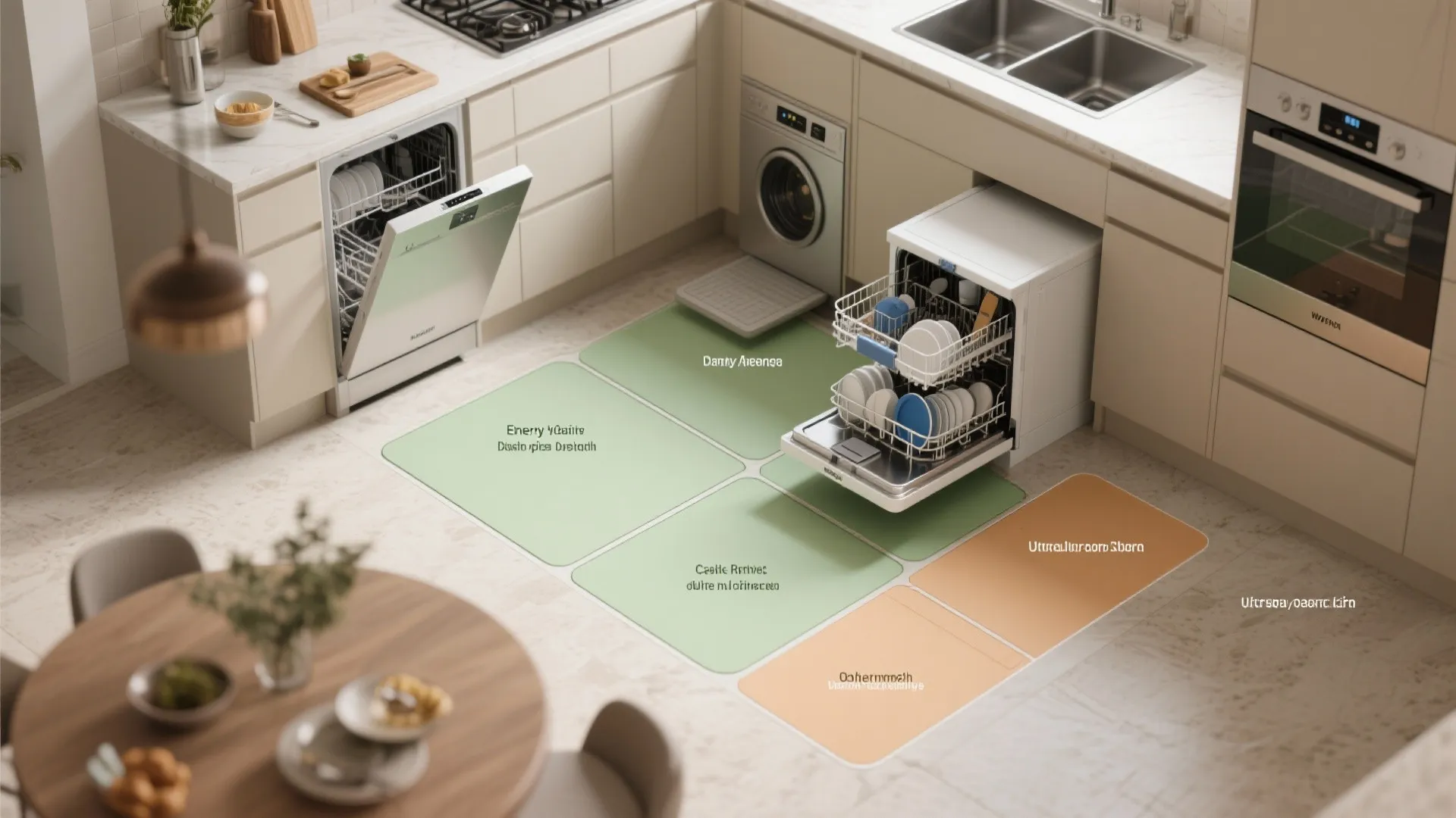 Top-down kitchen zoning plan showing a daily-use dishwasher and a separate high-capacity entertaining dishwasher.