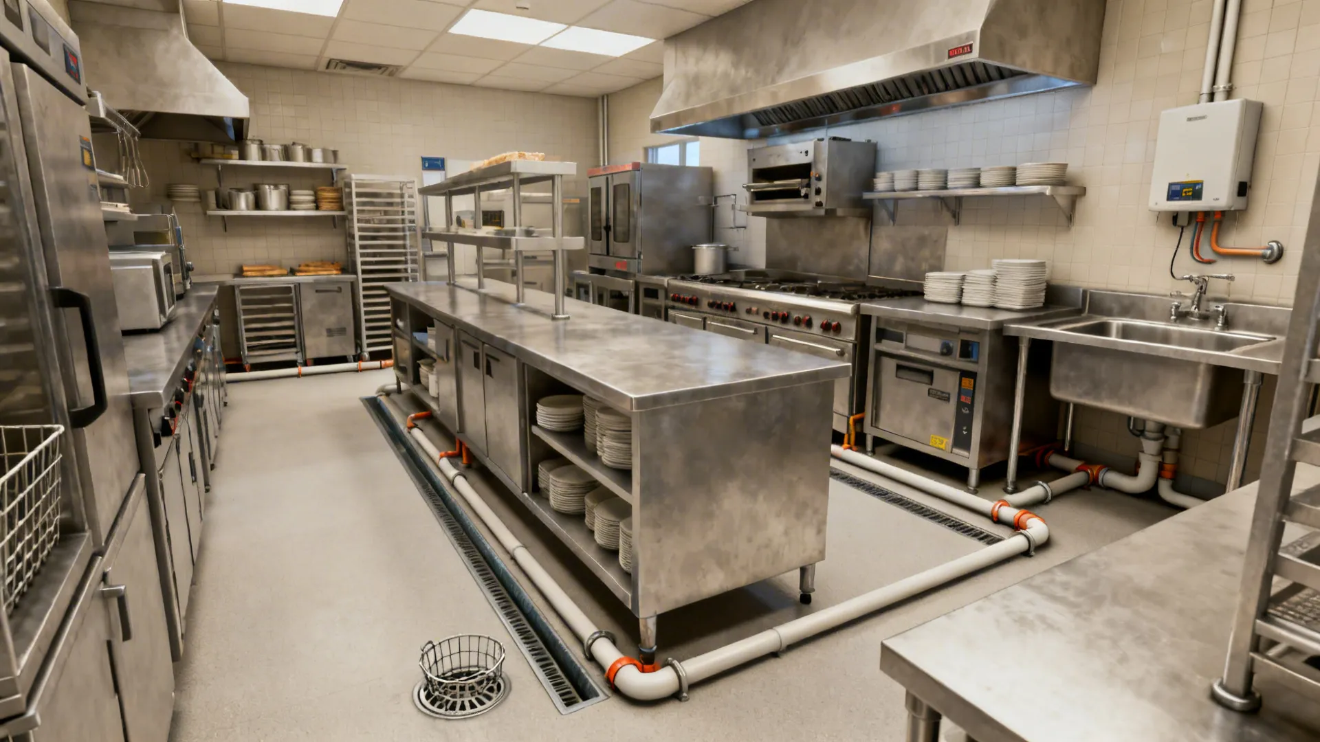 Bakery kitchen with separate prep, cook, and dish zones using point drains, channel drains, and a floor sink.