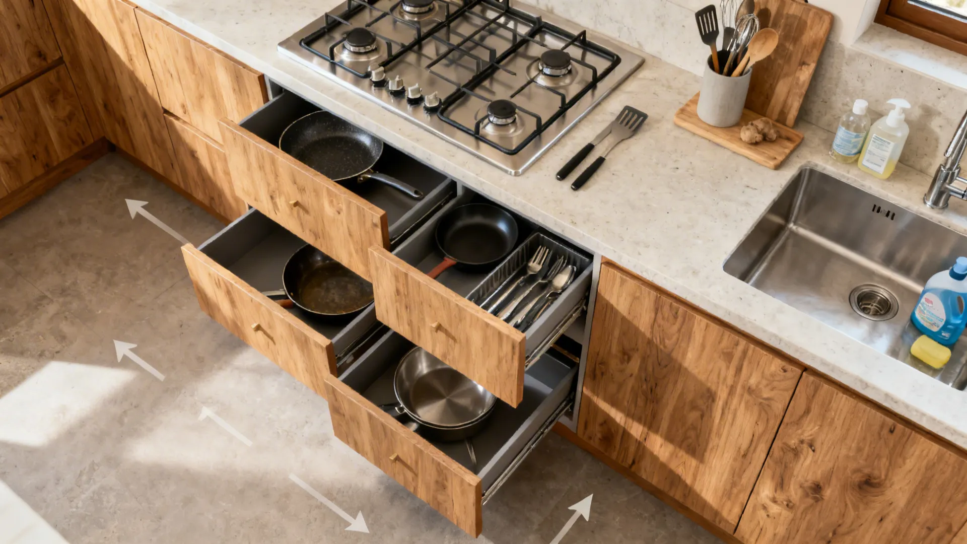 Drawer-based zones for cooking, prep, and cleaning