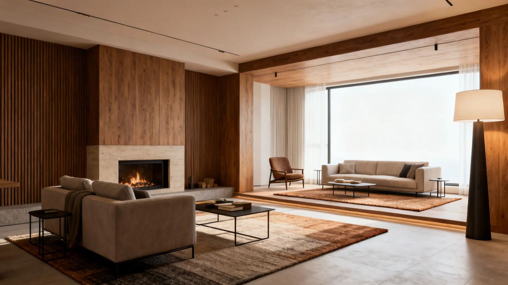Zoned living room with a main seating cluster and a secondary window reading nook with cohesive finishes.