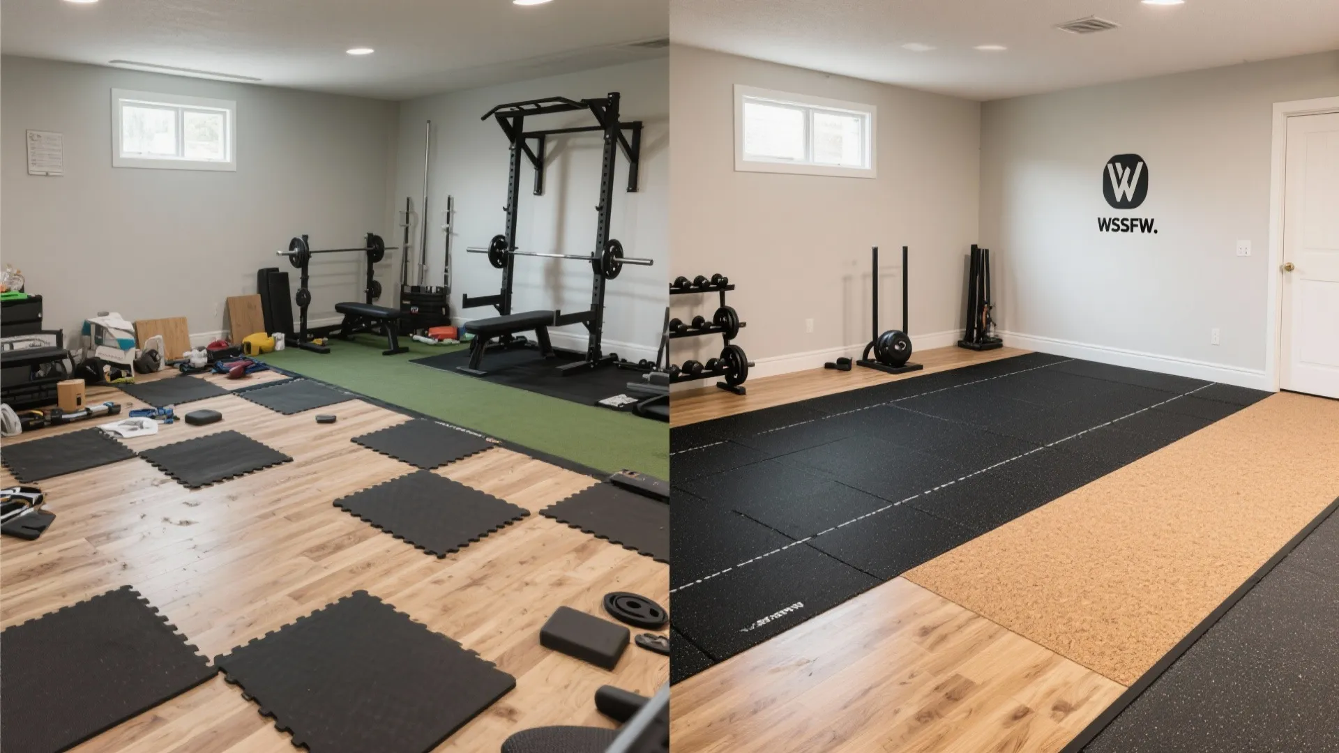 Before-and-after comparison of a messy home gym transformed into a clean organized space with flooring
