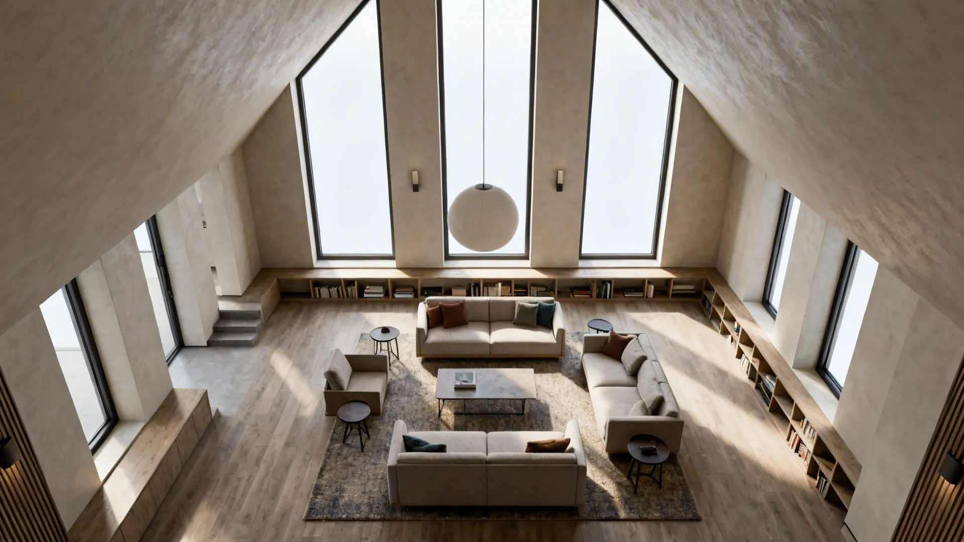 Top-down view of a vaulted living room showing zoned seating, rugs and low shelving to scale the space.
