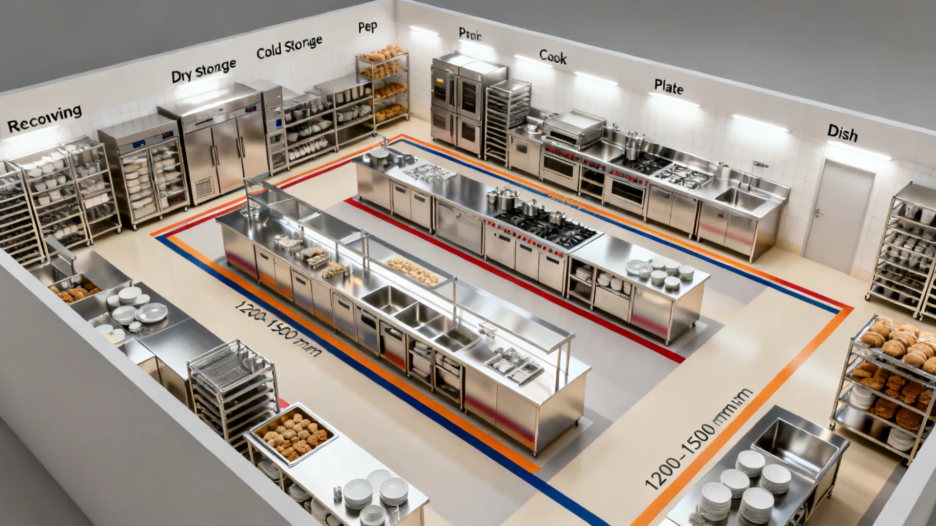 Interior design drawing of a professional kitchen layout with labeled work zones and floor markings