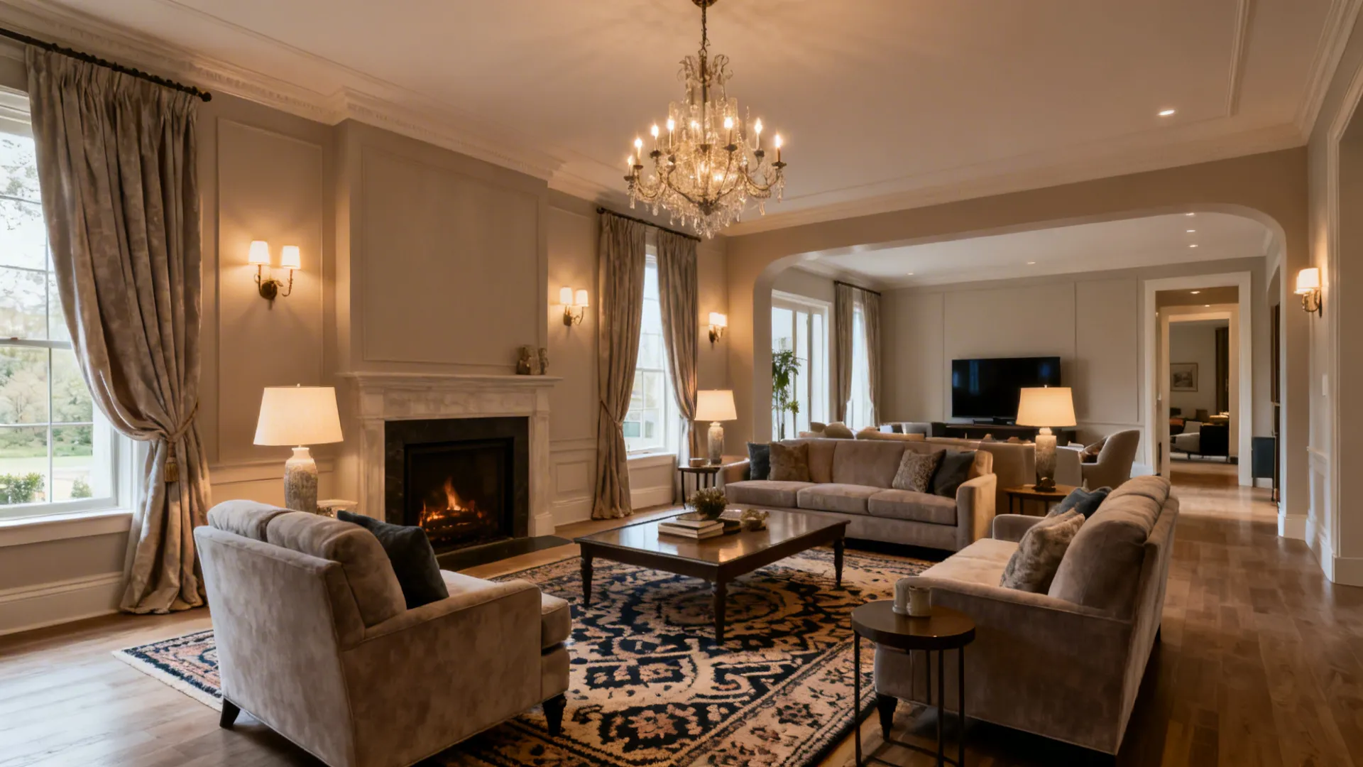 Open-plan room with a formal conversation cluster by the fireplace and a casual TV area beyond.