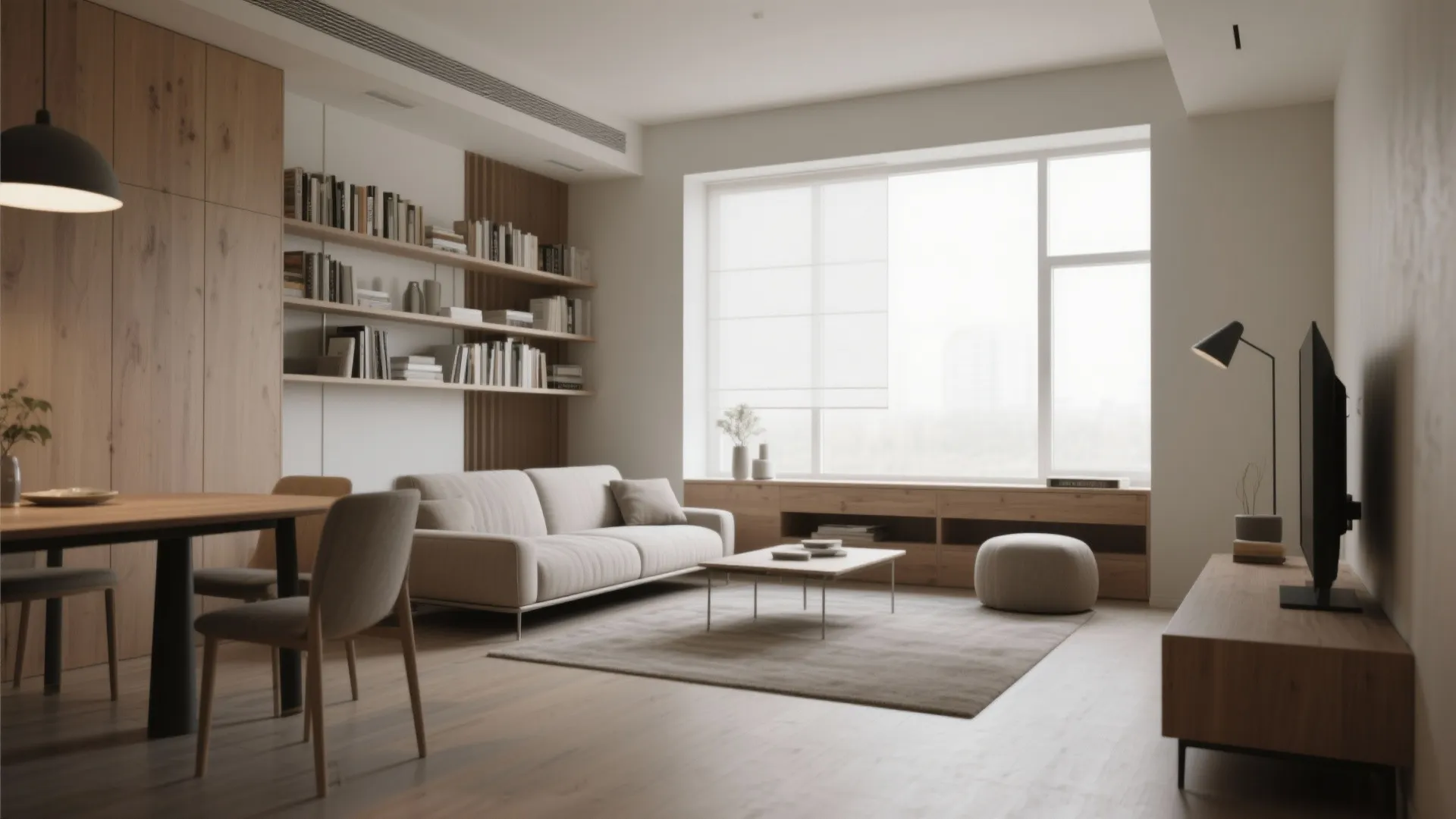 Modern living room with beige sofa wooden shelves large window dining table and wooden floor