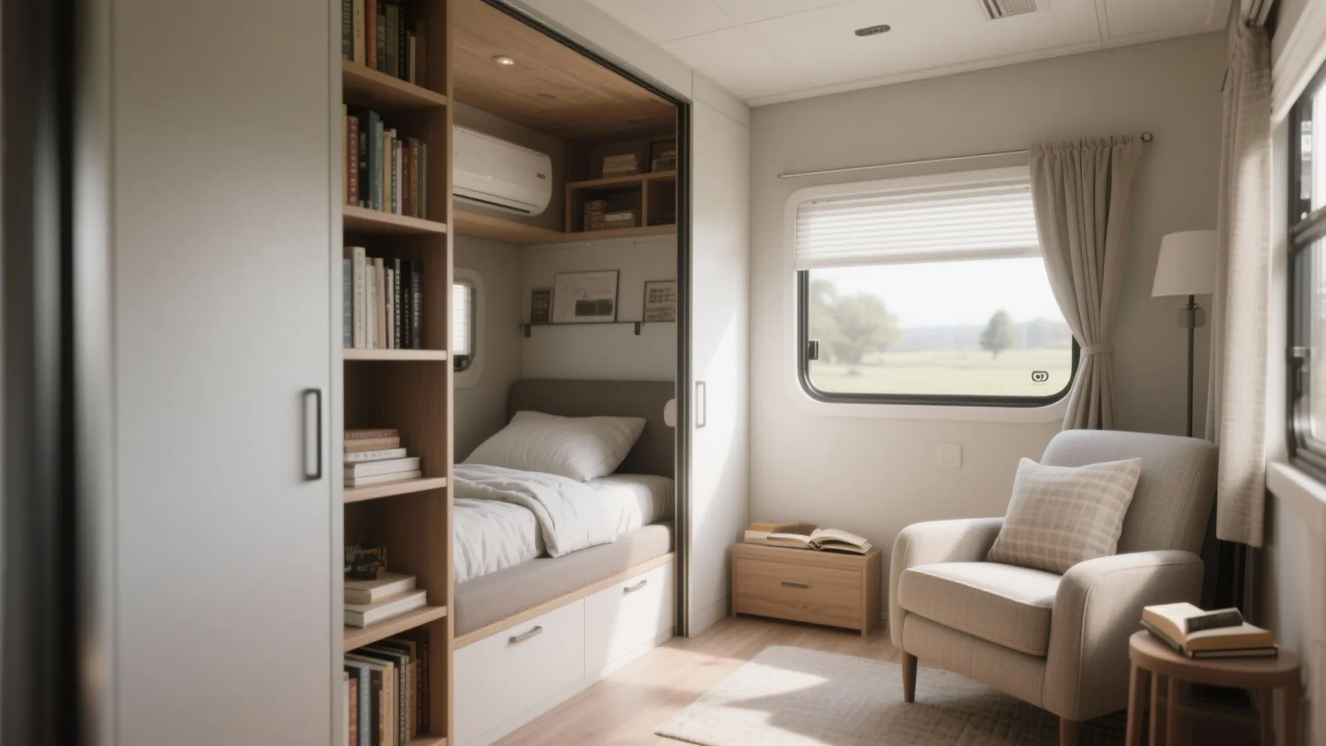 Small cozy bedroom nook featuring a built-in bed bookshelf armchair and window with natural light