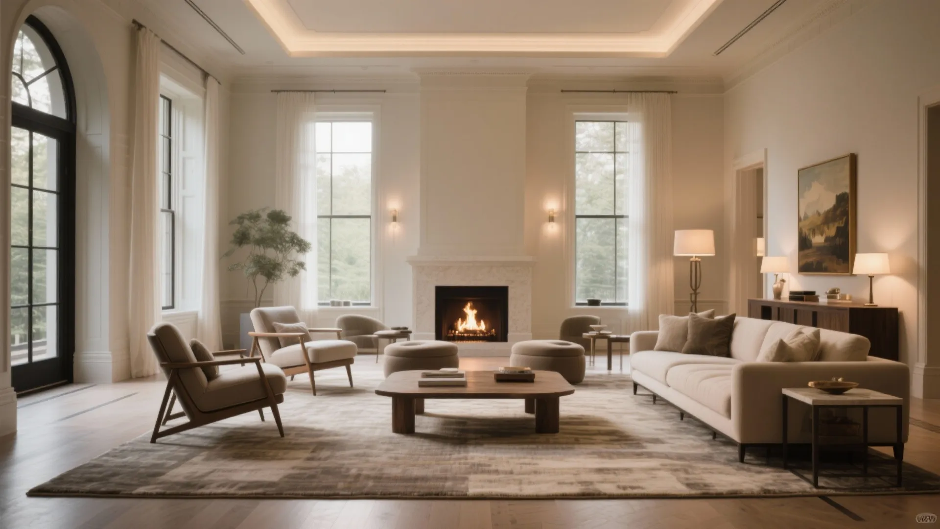 Bright luxury living room with white sofa wooden coffee table two chairs fireplace and windows