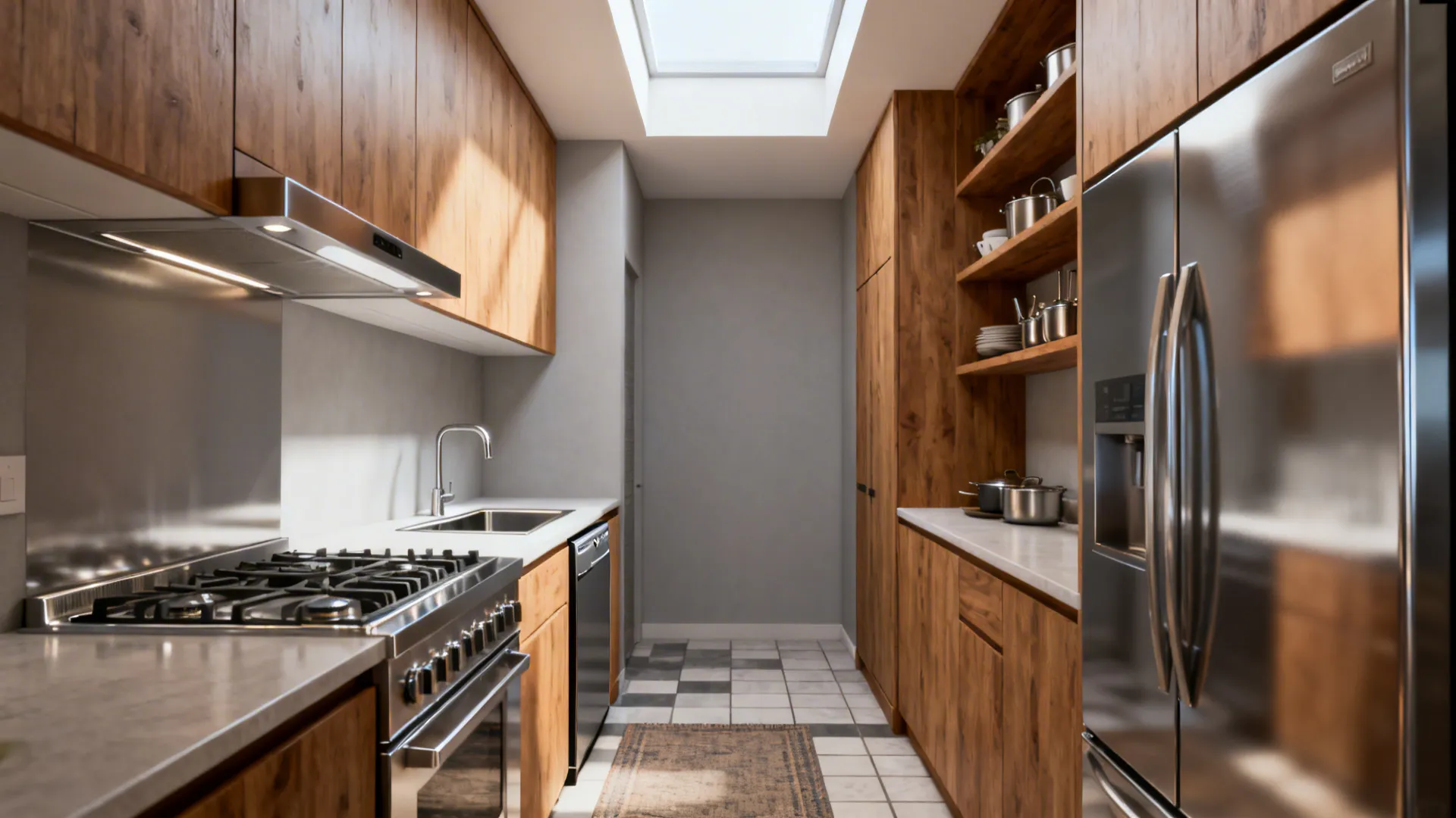 Galley kitchen visually divided into cooking, cleaning, and storage zones with clear flow.