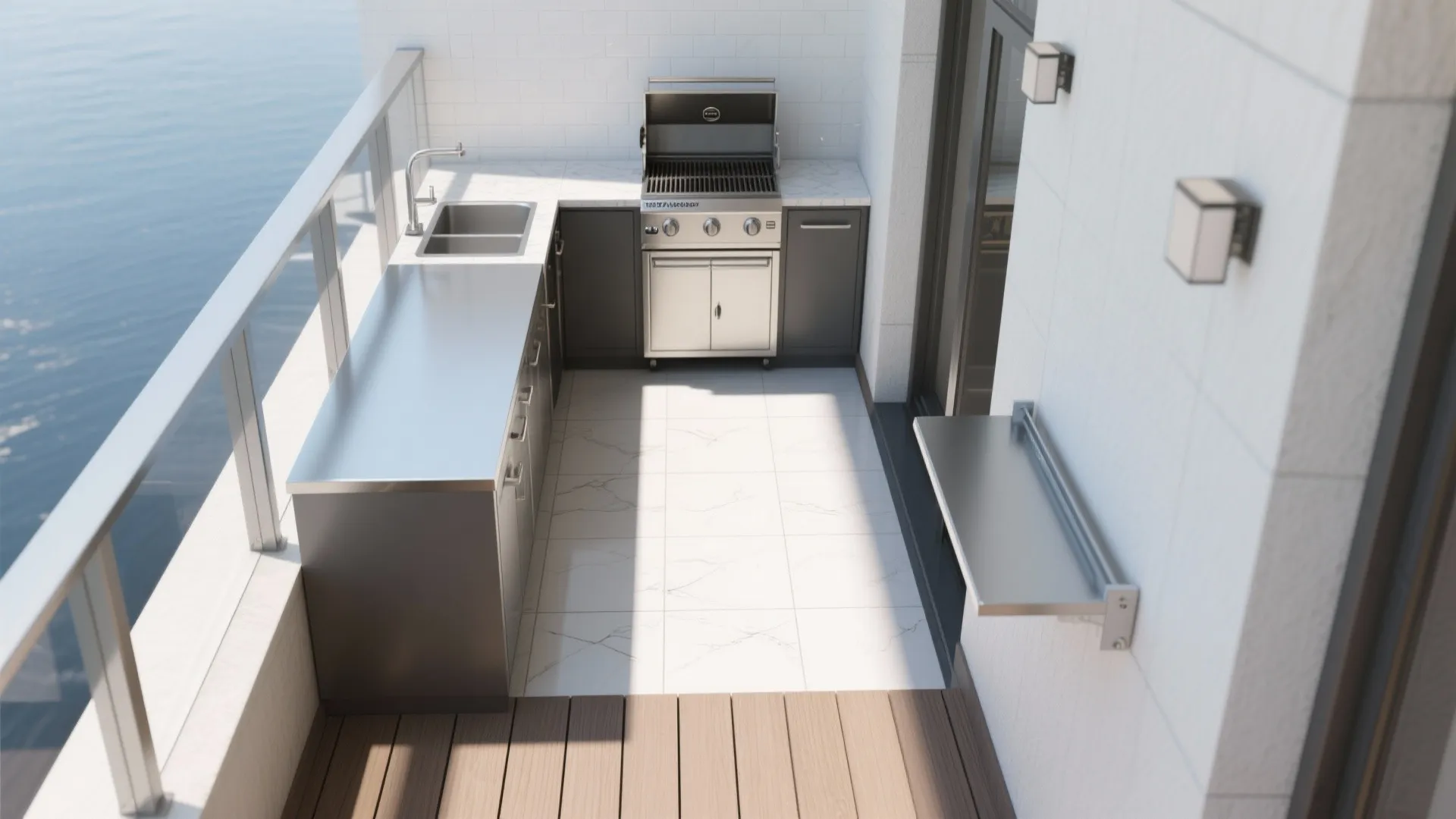 Zoned balcony galley: prep, cook, serve