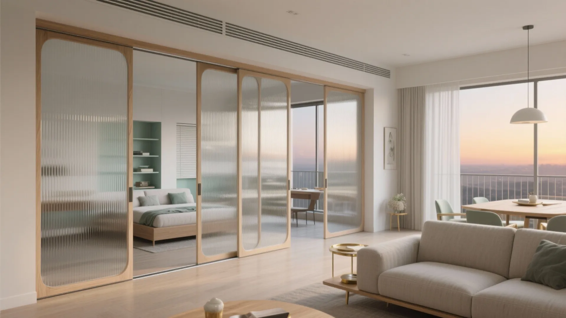 Zoned open-plan living with sliding glass partitions