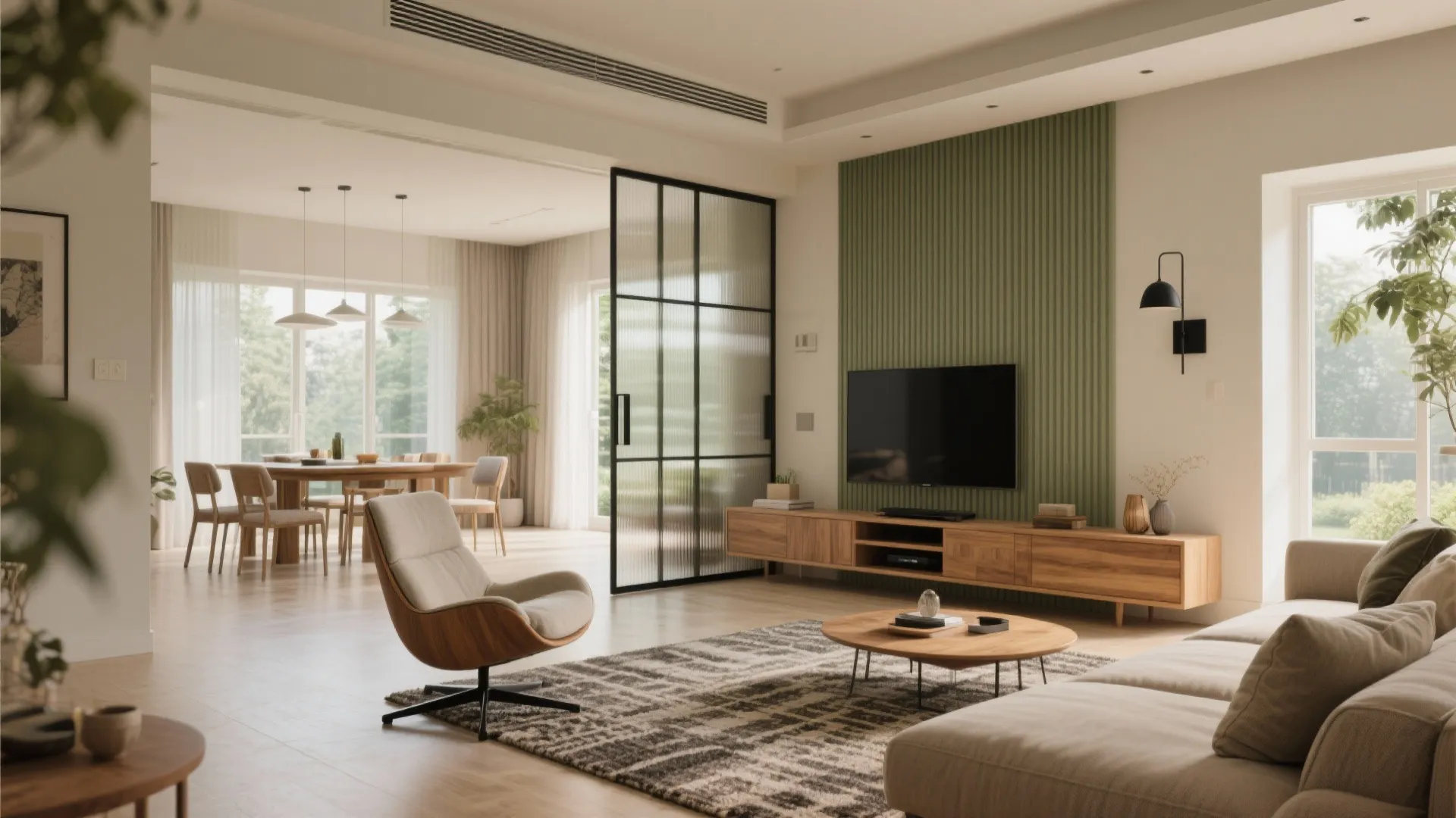 Flexible great room zoning in a 4 BHK