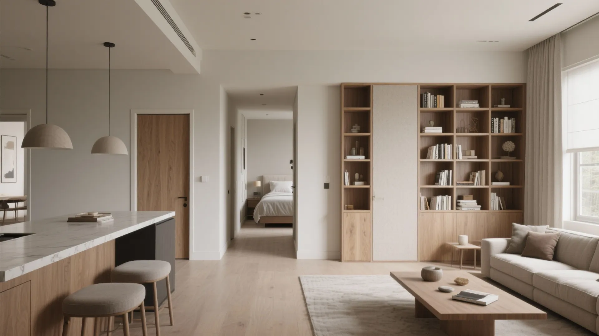 Great room with pocket doors and mid-height bookcase creating zoned privacy