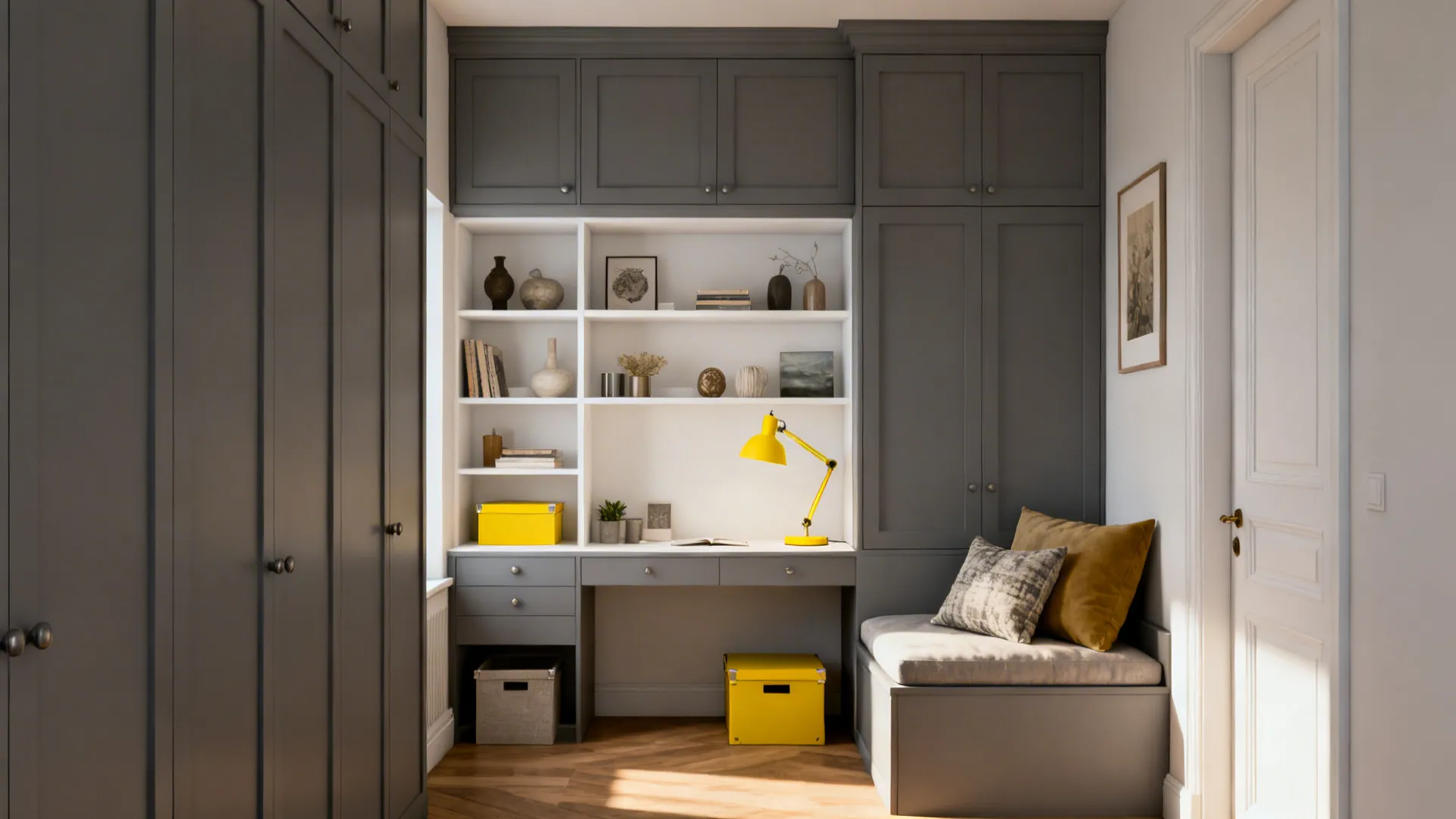Grey built-in wall cabinets and home office desk with yellow lamp and cushioned window seat