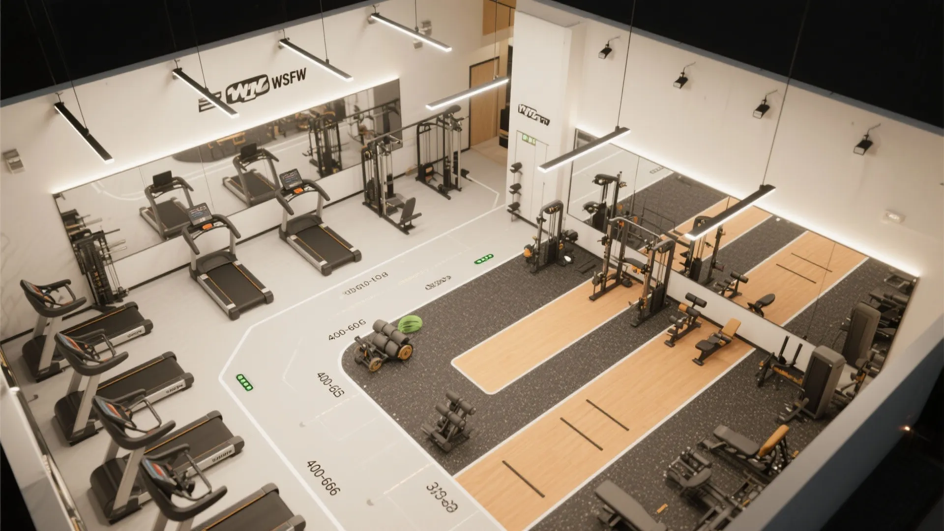 Top-down compact gym zoning with distinct lighting levels for cardio, strength, and mobility.