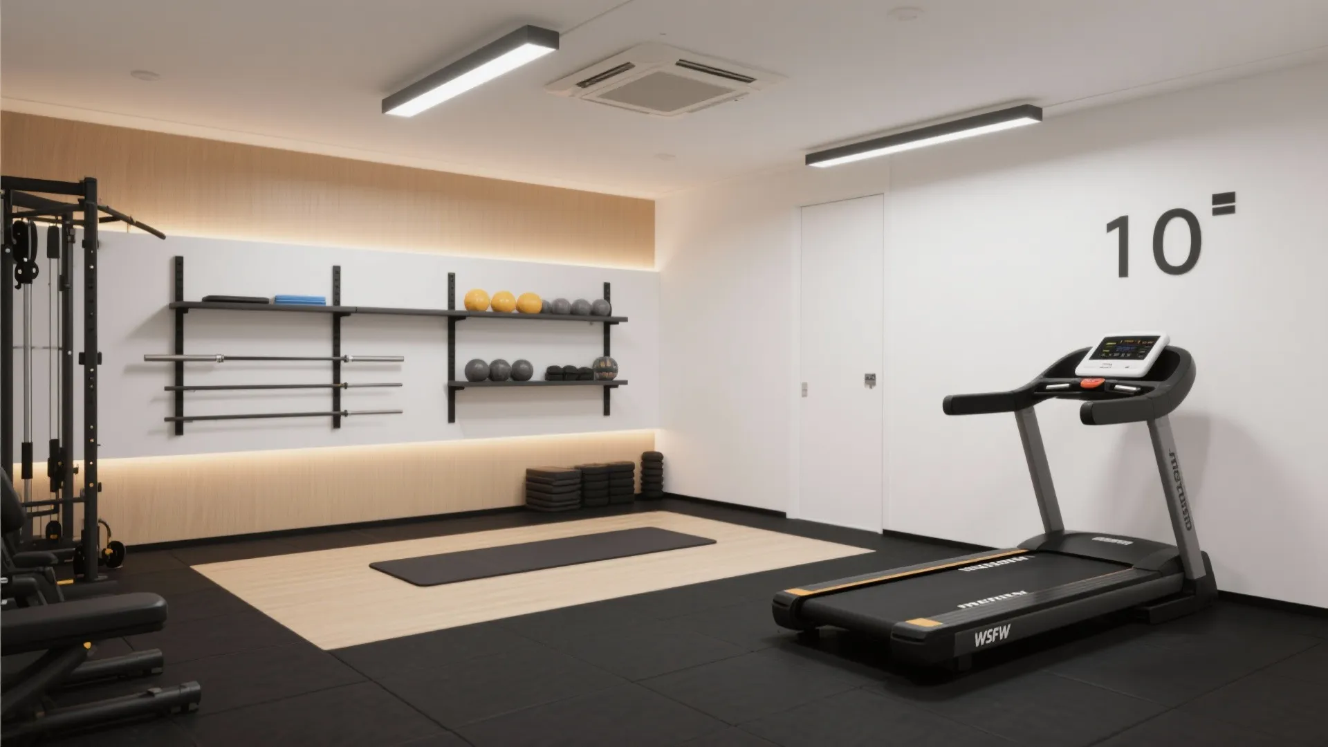 Compact gym with lighting zones: bright over cardio, focused over strength, warm over mobility.