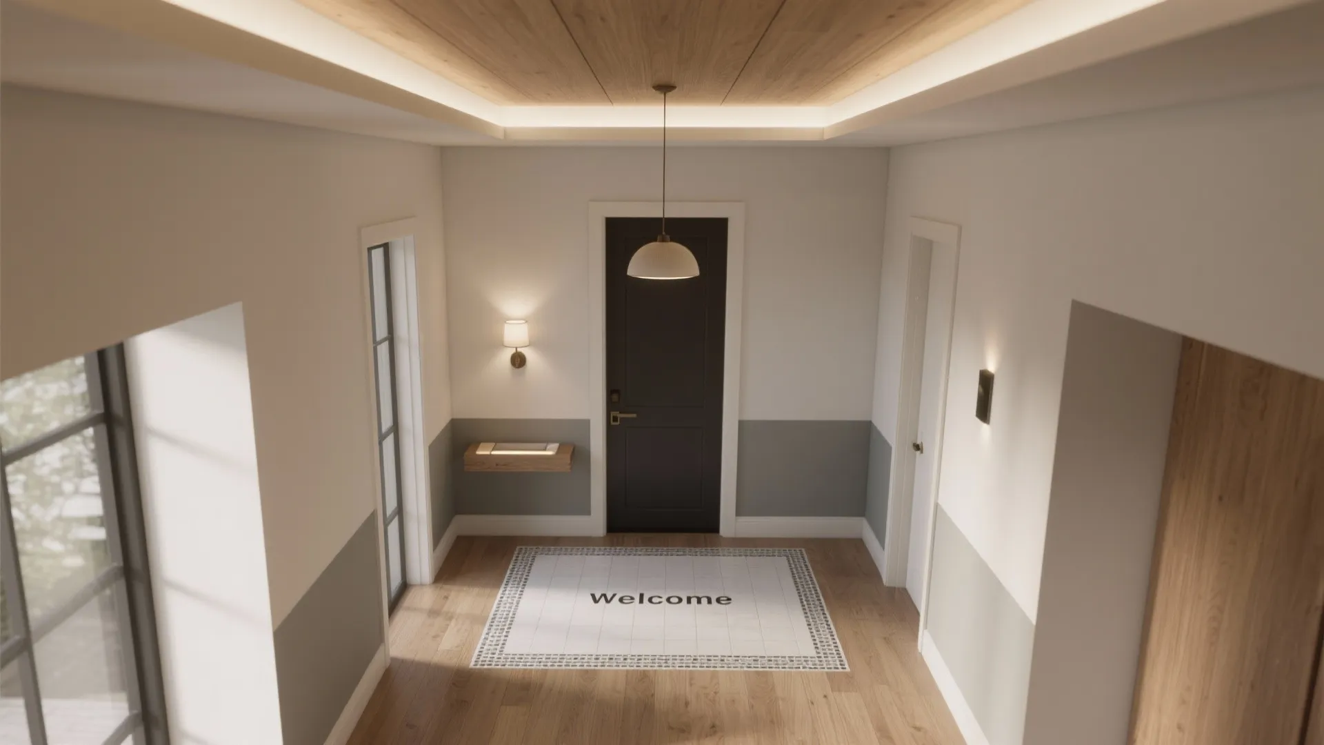 Zoning the hall with ceilings, floors, and smart sightlines