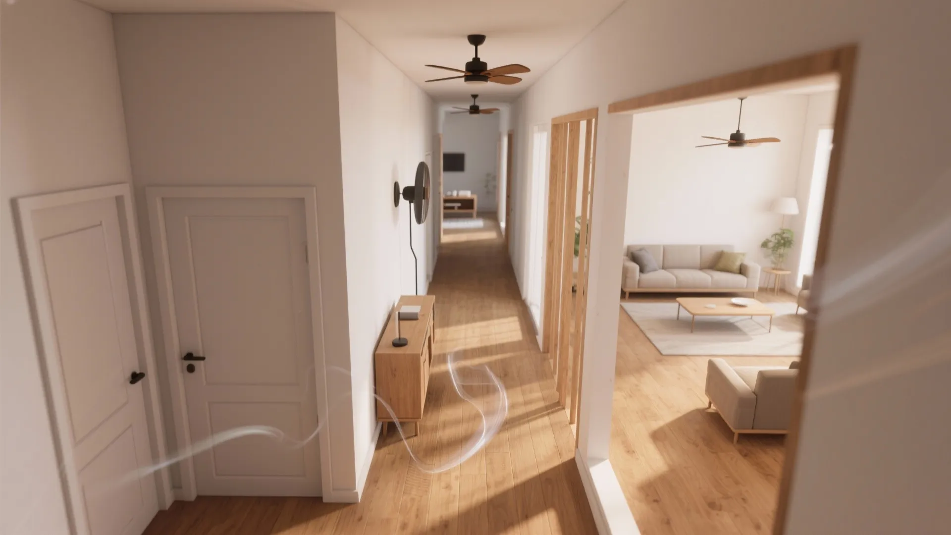 Top-down view of long hall zoned with two ceiling fans, balanced placement for even airflow in an open-plan layout.