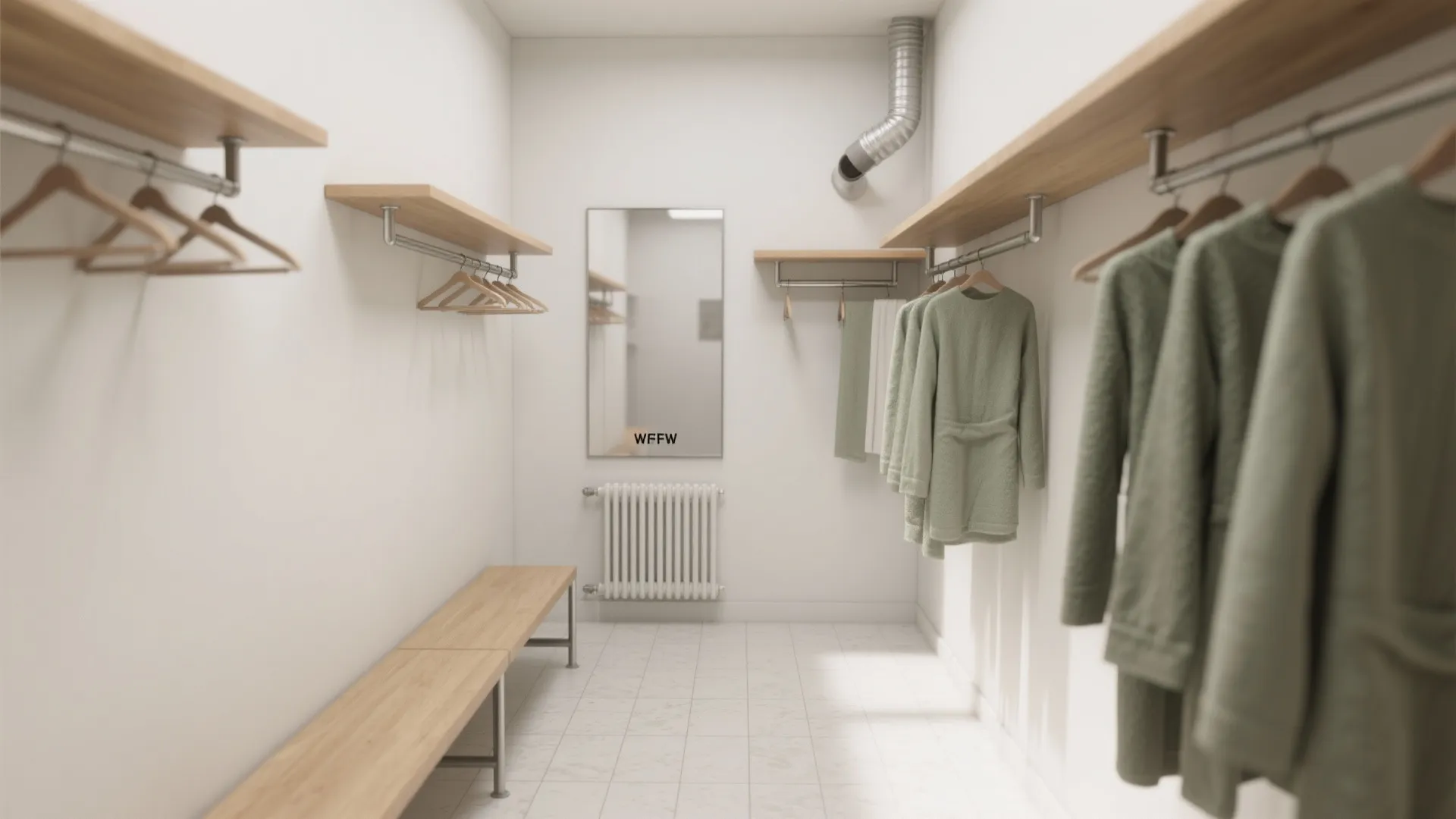 Walk-in closet with wooden bench, hanging green clothes, open shelves, white walls, and a radiator