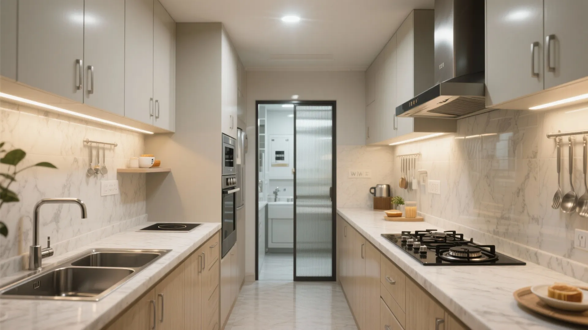 Modern galley kitchen with white marble counters wood cabinets double sink gas stove and door