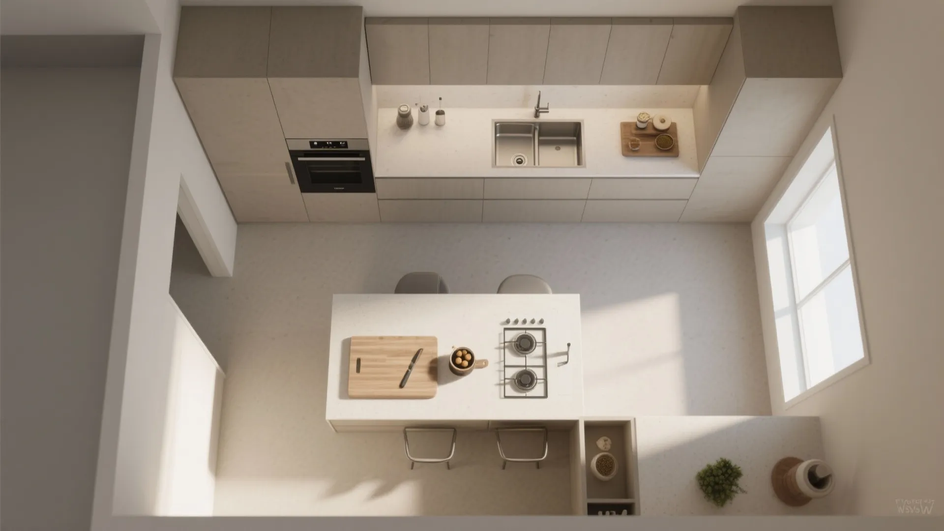 Top-down view of minimalist kitchen zones