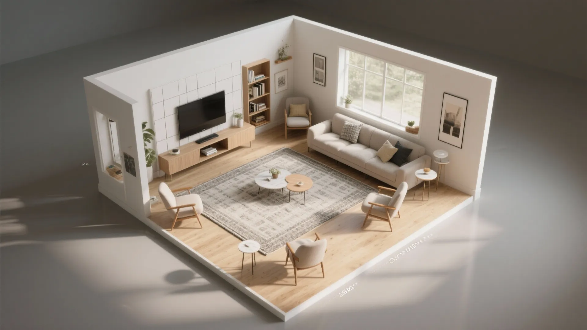 Interior design drawing showing a modern living room with sofa chairs rug and wooden cabinet