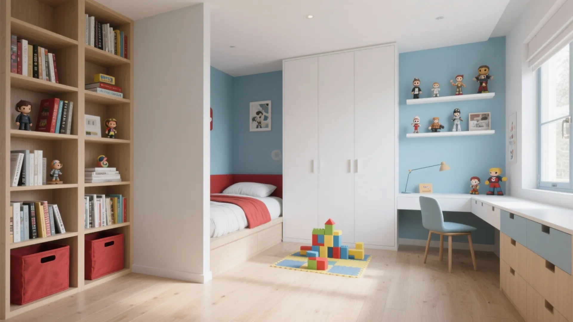 Wide view of a small bedroom with zones: bed area, play space divided by a bookshelf, and shallow display shelves for collectibles.