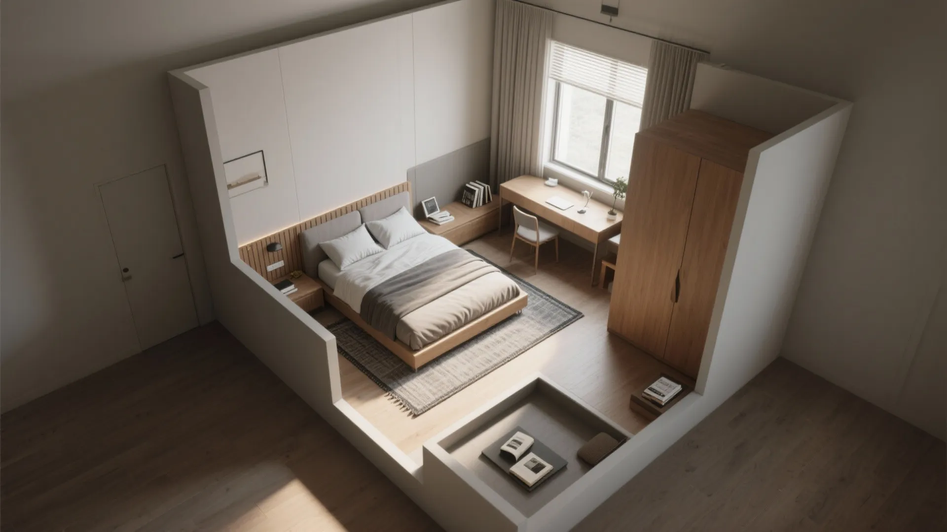 Interior design drawing showing a small room layout with bed desk wardrobe and wooden flooring